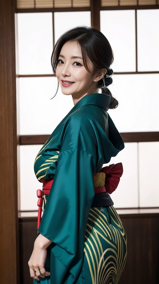Mature attractive sexy woman,50 years old, ((kimono)),((green))、(((kimono))),Shut,((Big Breasts:1.1)),(Facial wrinkles:1.3),light makeup,Light brown hair,Long Hair,(Full body photo:0.85),(Emphasize big buttocks),8k, RAW Photos, Highest quality, Laughter,masterpiece,Highest quality、A kind smile、Captivating Gaze、Random Hairstyles、Japanese-style room、Shoji Screen、lanthanum、