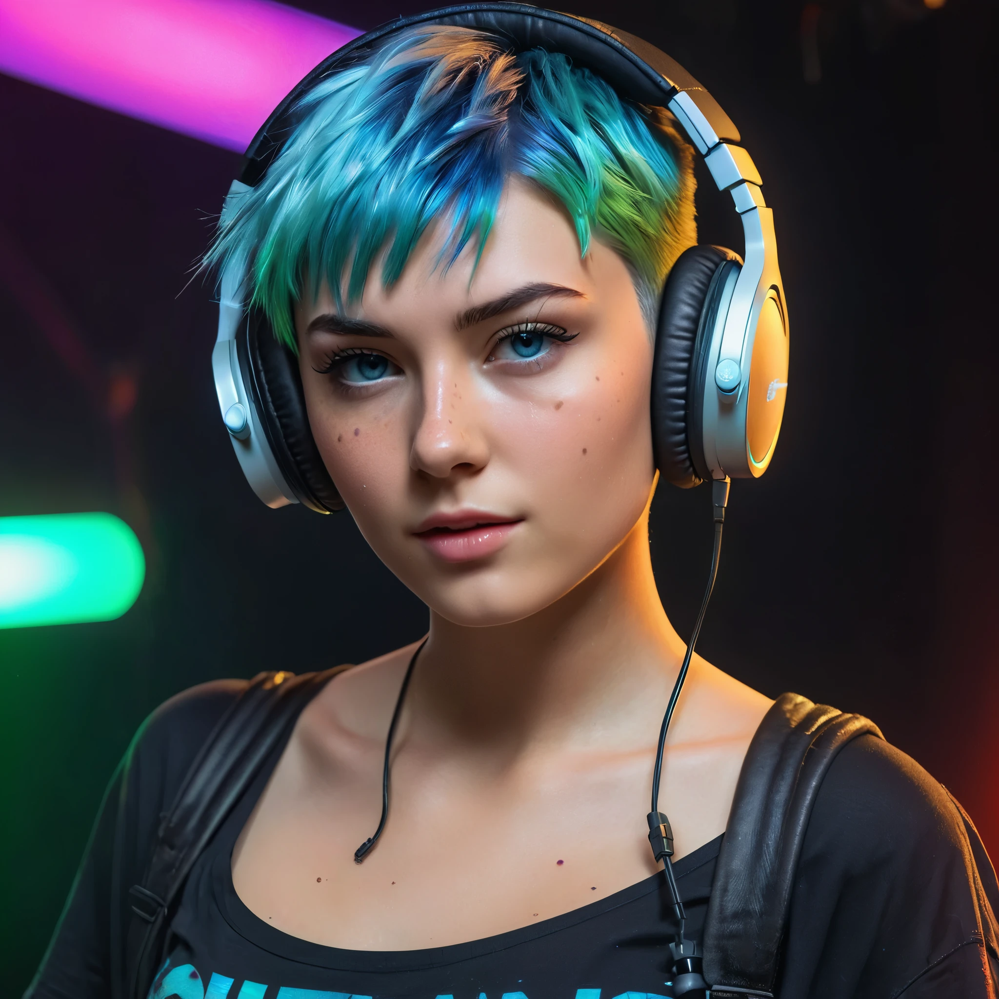 Woman 20 Years Old Nordic Ethnicity, short blue hair with a perfect face and light freckles, Blue-Green Eyes, (((on stage))), (((DJane))), headphones, cyberpunk, stage light, neon light, party light, rave, high quality, realistic, photorealistic, 8k, ultra-detailed, masterpiece, cinematic lighting, action, (((very dynamic pose))), full body, ((wearing a funky black T-Shirt with Punk Print and jeans pants)), (((mixing desk))), (((DJing))), (((dancing))), concert, (((singing)))