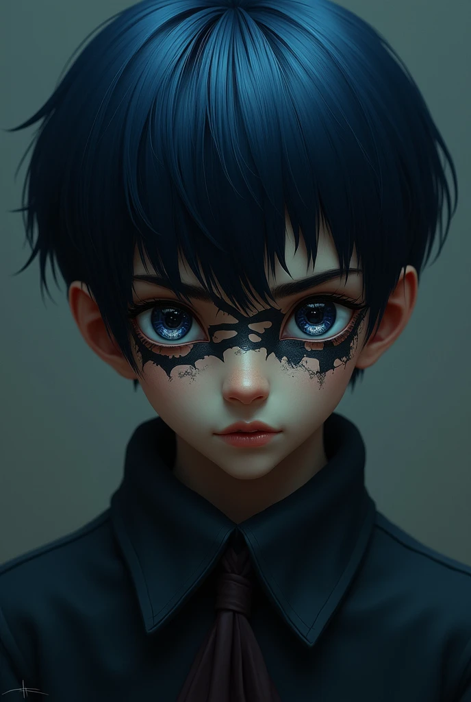 Create a boy who has a cut that covers both eyes,that the hair is dark blue,that he has a serious expression and that his skin is dark in color