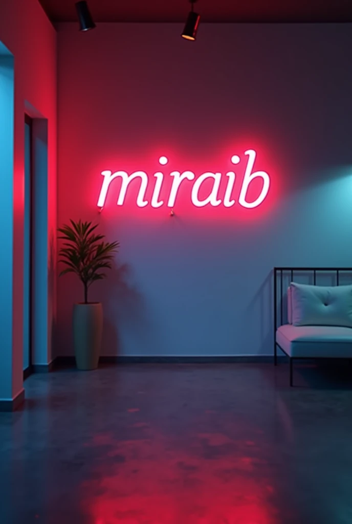 A blur background Stylish wall written on the upper side of the wall "MIRAIB" with Yellow Neon lighting Tiktok size picture
Wall direction is front side