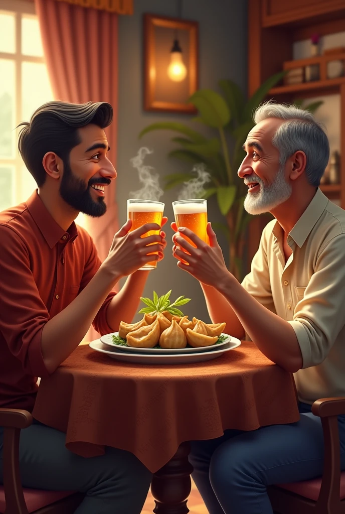 A Nepali Man in hotel with friend drink beer and Momo