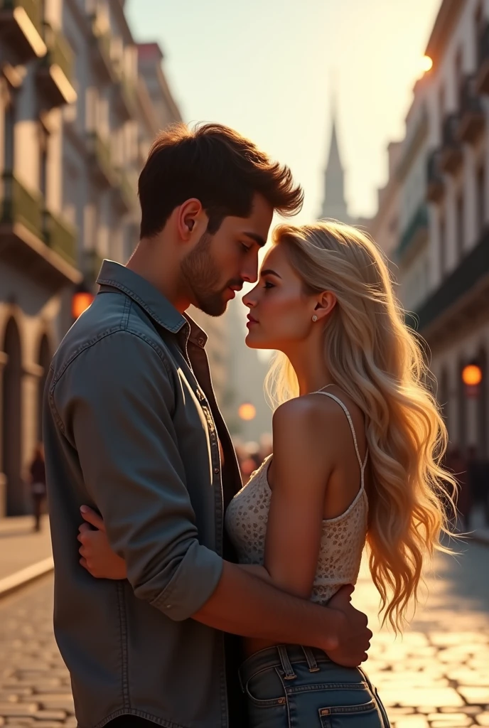 A couple he brown hair and eyes she blonde long hair green eyes hugging in Madrid 8k ultrarealistic photorealistic