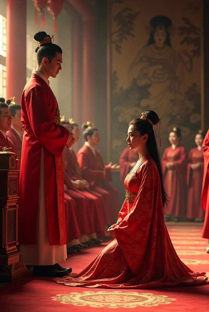 In ancient China, the Tang Dynasty, a woman wearing a red dress made of shiny, smooth silk cloth, a thin dress, kneels down in front of the throne, next to a young man in red, receiving honors and titles in front of the officials in the palace hall.