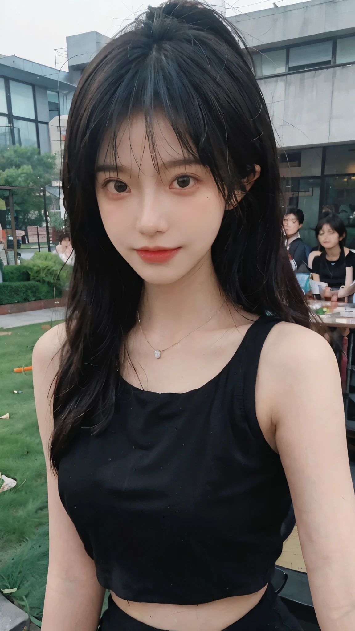 Best quality,Ultra-high resolution,Cute hairpins,(Reality:1.4),Cute hairpins,girll,Black cropped top,Look directly at the audience,Full of atmosphere,Beautiful woman with a slim figure:1.4,lawn,whole body,Super delicate face,Exquisite eyes,Double eyelids,necklace,Black wearing mask,