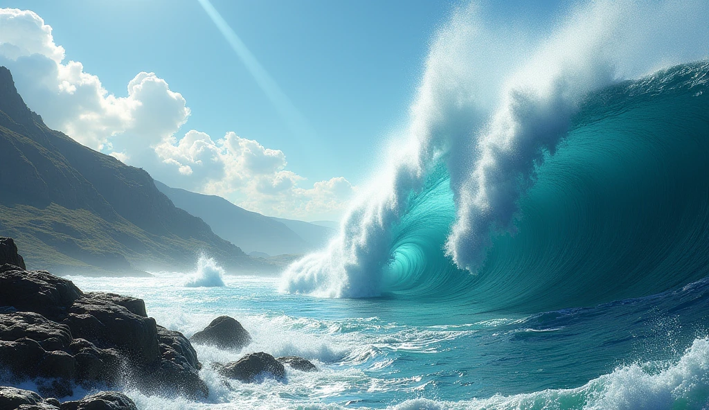 a point break with big waves in sunshine time,