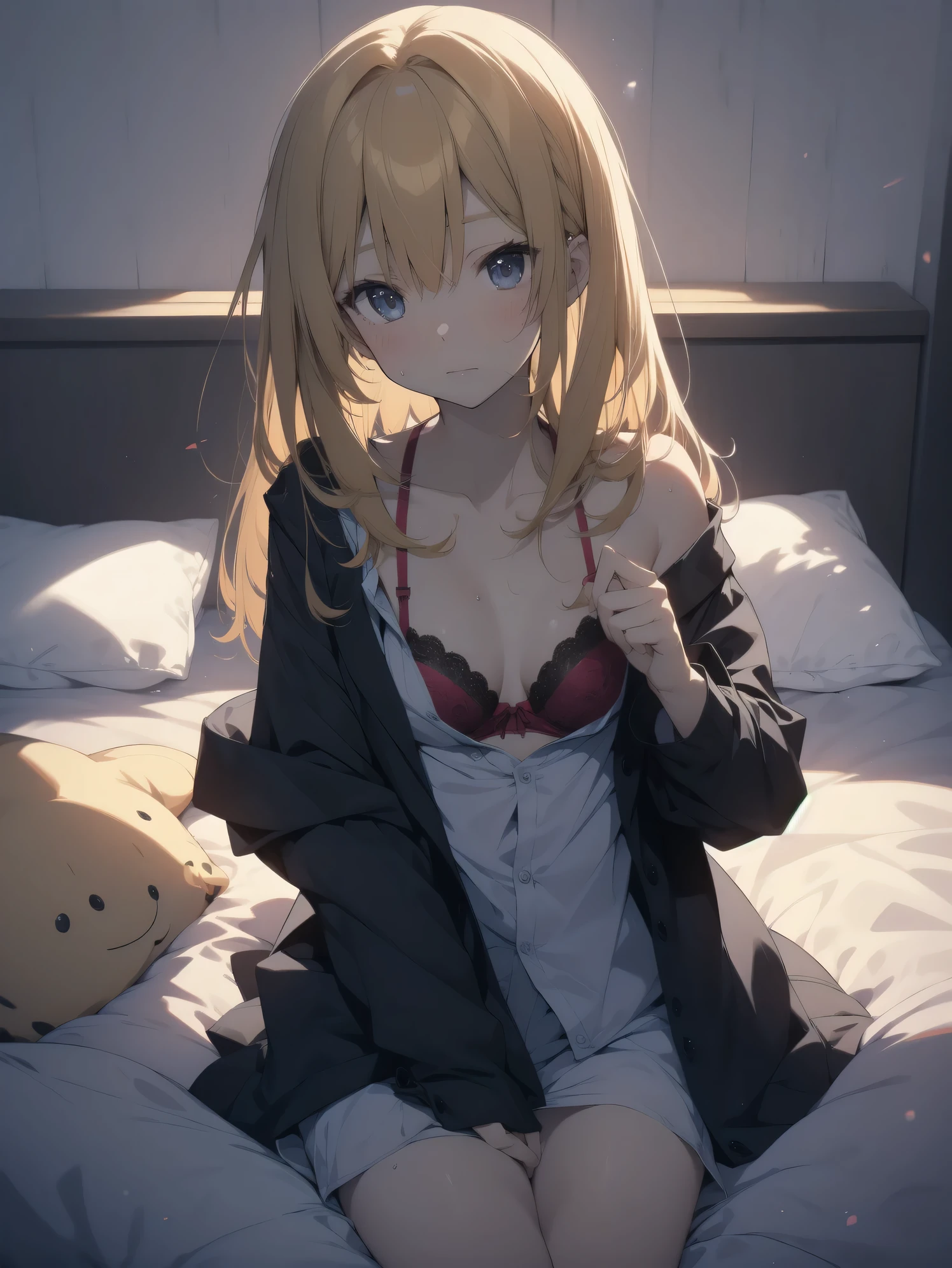 ultra-absurdres-Top quality by artist God, ultra-detailed, high resolution, anime moe artstyle, best anime 8k konachan wallpaper, pixiv contest winner, perfect anatomy,break, 1girl, (Please draw a girl dressing in bedroom alone. )break,(Solo,little female, _face,14yo),Full limbs, complete fingers, glasses, small breasts, beautiful (well-shaped) breasts, (cute bra:1.1), navel, groin, butt, small black eyes, beautiful detailed eyes, well-proportioned iris and pupils, highres detailed hair, sweat, expressionless, pajama,(dressing, open clothes,open shirt,underwear),(bra lift:1.2),pussy juice, pussy juice dripping from girl's crotch,(Detailed Lighting), (Detailed background),indoors, bed, in the bedroom. break,super detailed skin, shiny skin, Best sexual lighting powered by famous artist, 8k,beauty illustration,photoshop_(medium),very aesthetic,break,((artist:mery_(yangmalgage) )), artist:clamp ,artist:carnelian ,artist:kantoku ,