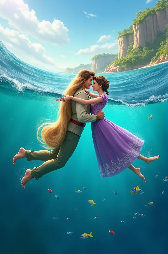 Rapunzel and Eugene swimming in the sea