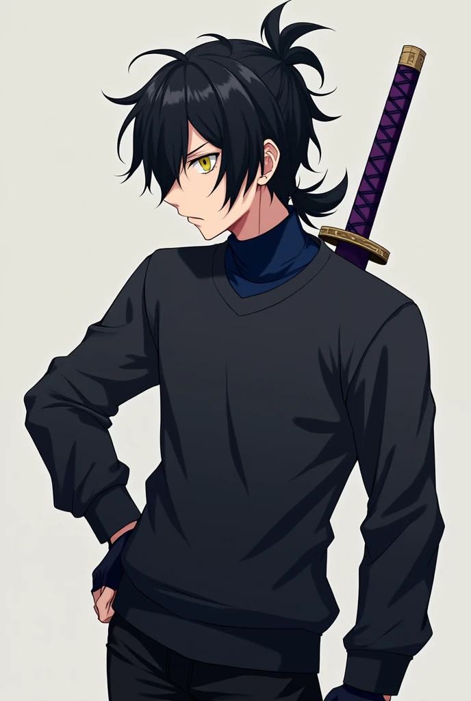A teenage anime-style male character with long, short black hair, with hair covering a little on the left side of the eye and with a slightly large ponytail, with big yellow eyes, with thick black sweatshirt with dark blue turtleneck shirt, black pants and black men's boots, with black gloves, and with 1 purple sheathed Katana on the back.