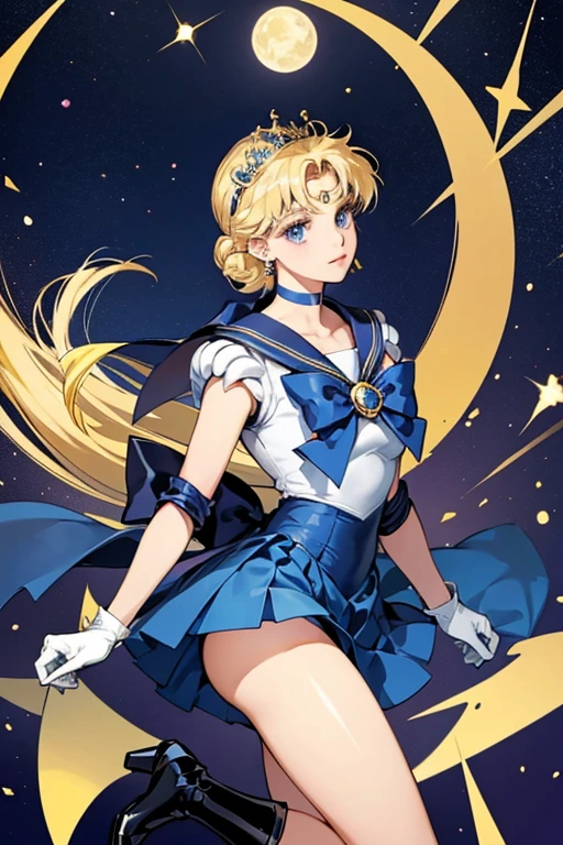 Haruka is a short teenager., Light blonde hair and dark blue eyes. Her main color was navy blue (Tiara Jewelry, Her Collar, choker, gloves, Back waist bow, skirt) Her accent color was yellow. (Front Bow). She wore gold rings on both earlobes., Her Collar had no stripes, her choker had no gems attached to it, Her shoulder pads were normal., her gloves were wrist-length, And her long, Knee-length, Navy blue high heel boots. In the manga, When Sailor Moon transformed into Super Sailor Moon for the first time、Her brooch changed from a circle to a heart.。underwear
