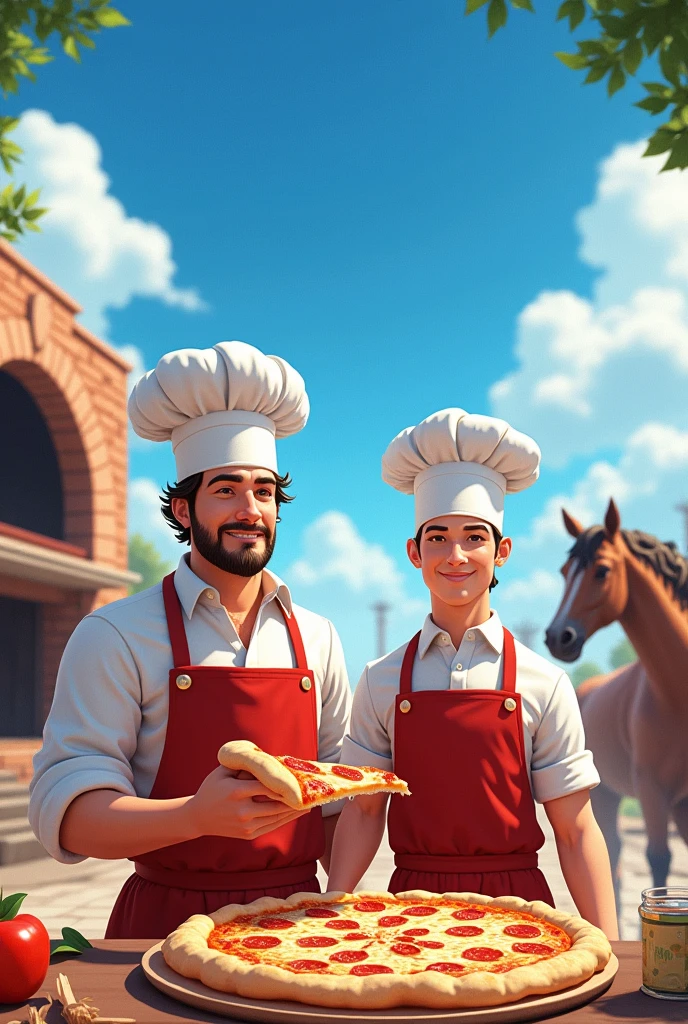 2 pizzaiolos gros, un plus petit que l’autre, devant un four a pizzas, beautiful blue sky, il tient une part de pizza dans la main face a la camera, few horses, No beard, chef&#39;s hat  