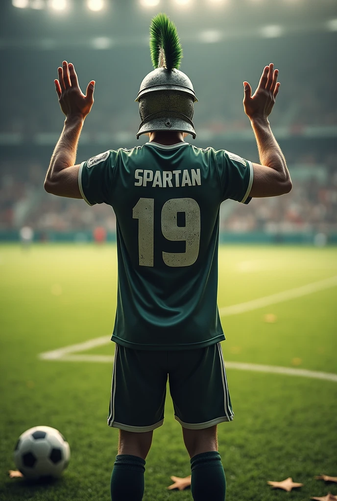 Generate realistic Soccer farewell poster with one spartan with helmet turning backside and waving his hands as bye . With "SPARTAN" and "19" written on jersey back. Football field as background and holding ball.
Write "THANKYOU & GOODBYE" on top of the poster