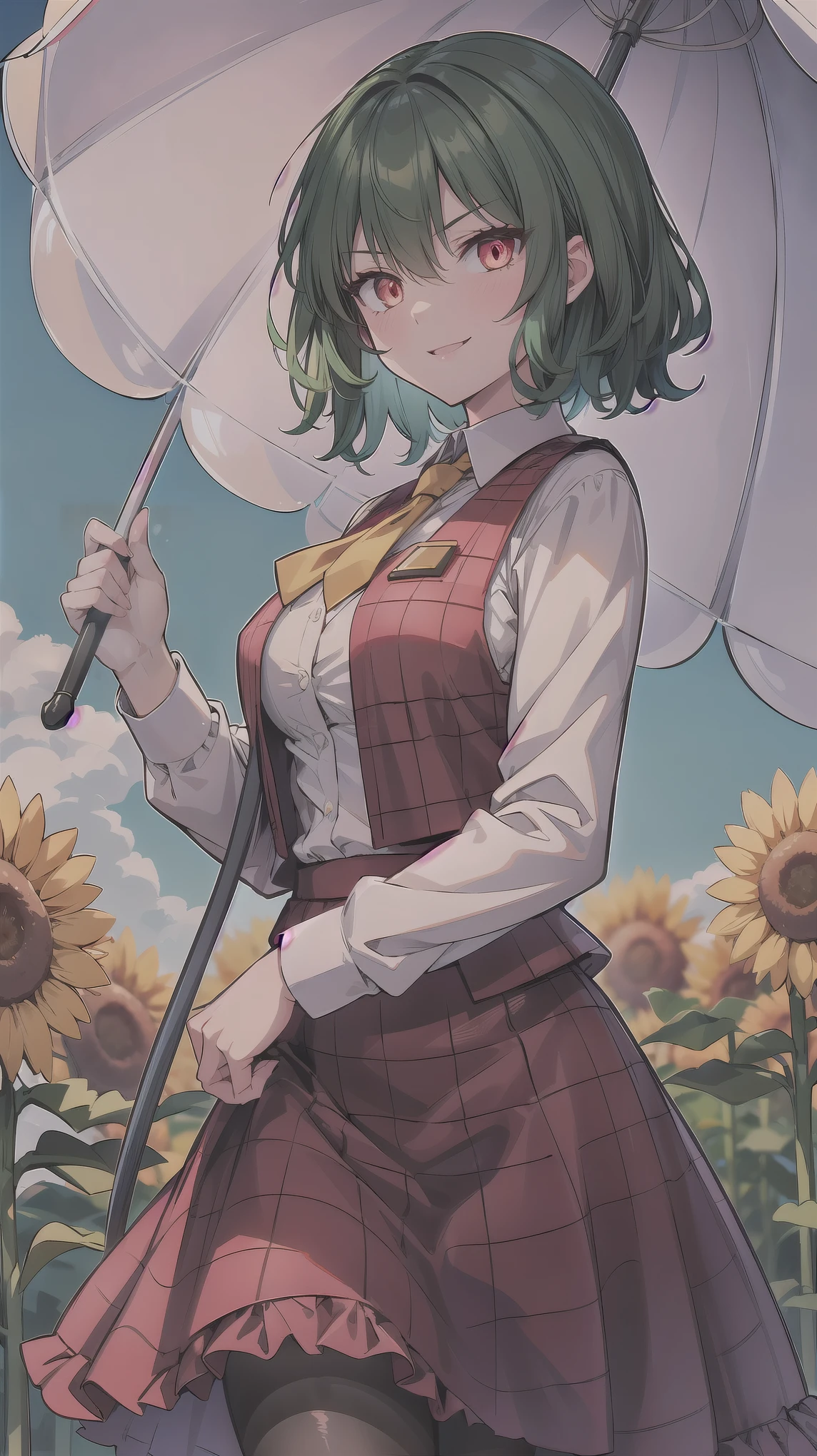 ((super high quality,Ultra-high resolution,16K,super masterpiece,Ultra HD ,Detailed shading,))One Woman,Wavy, shiny, bright emerald short hair,White dress shirt,Long sleeve,Yellow ruffled tie,Checkered red vest,Checkered red very long skirt,Black tights,Ruby glowing eyes,Very aggressive look,Sharp Eyes,Smiling lips,She is holding a frilly pink parasol in one hand and carrying it on her shoulder.,a blue sky with clouds and sun,Sunflower field,