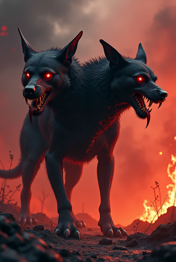 a two-headed Orthrus dog, scary hell scene