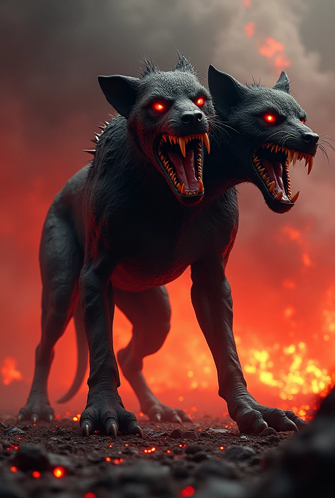 "Create an ultra-realistic and fearsome depiction of Cerberus, the three-headed guard dog of the Greek underworld. Cerberus is portrayed as a massive, muscular beast with three snarling, ferocious heads, each displaying rows of sharp, glistening teeth and glowing red eyes. His fur is dark and matted, giving him a wild and untamed appearance. Each head has a unique expression of rage and aggression, with saliva dripping from their open jaws, ready to attack any who dare approach. His powerful body is covered in scars, a testament to countless battles, and his paws are massive, with claws that dig deep into the ground. Around his necks are chains, broken and dangling, symbolizing his captivity to the underworld. The background is a dark, eerie landscape of the underworld, with a river of souls in the distance and the shadowy gates of Hades behind him. The atmosphere is tense and filled with dread, with the ground beneath Cerberus cracked and scorched by his presence. The overall scene captures the terrifying role of Cerberus as the relentless guardian of the realm of the dead, ensuring no soul escapes and no mortal intrudes."
