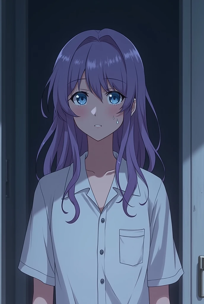 , like , long wavy violet hair, blue eyes, He wears a white school uniform, is wet in an enclosed space, He's crying. anime style.