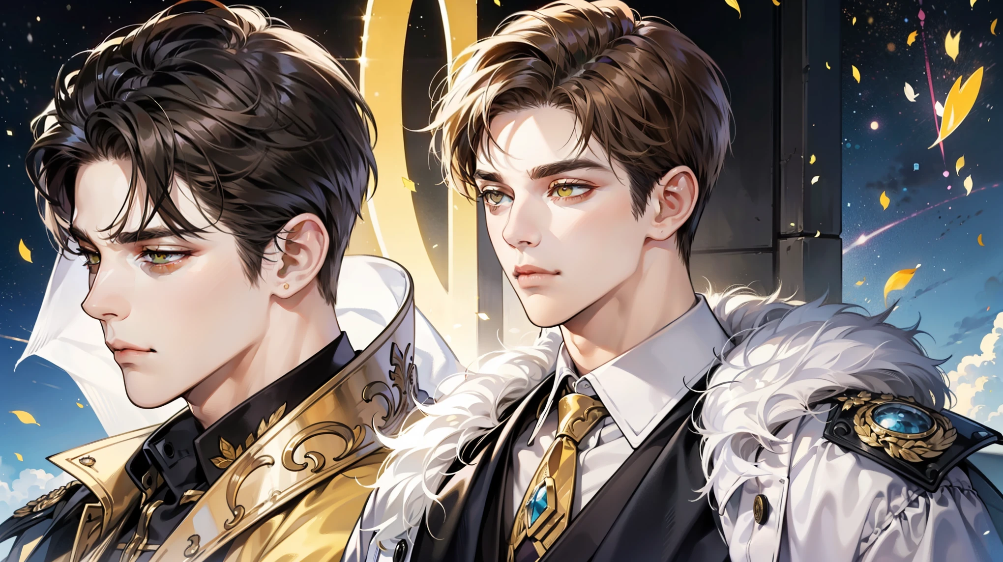 A modern reincarnation of Constantine the Great。masterpiece, Highest quality, Realistic, 1 person, Mature Men,Successful businessman。A quiet and attractive young man, , Serious expression, Mouth closed,, Highly detailed face, Calm expression。Kind and sincere。Cold-hearted。Bright and sharp eyes、eyes like a lion。 ((deep golden eyes)), ((Short, fluffy, dark brown hair)), [Thick eyebrows], ((suit)), Pompidou々。Aura of rulers, whole body,Background of Constantine in Algeria。Spectacular views。Romance novel cover、Illustrations、