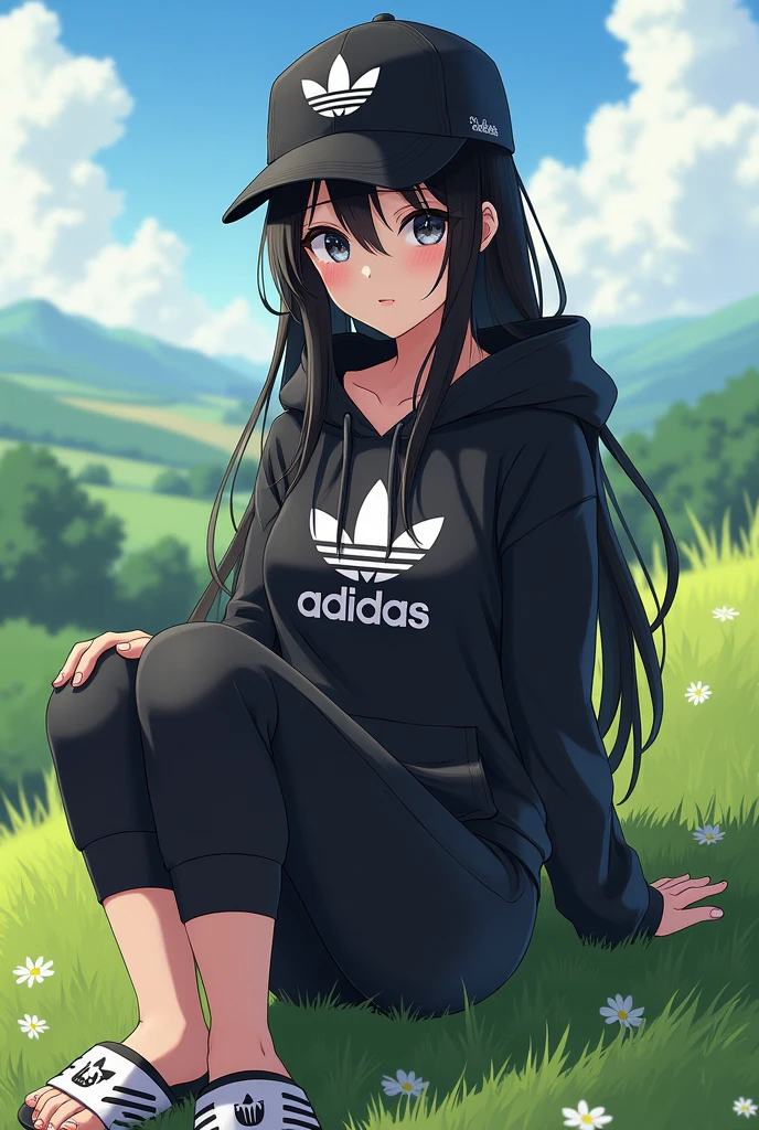 sexy anime girl, long black hair, wear black adidas striped slippers white and black, black eyes, barefoot, wear black adidas cap, wear black adidas hood, wear black adidas hot pants, background is countryside