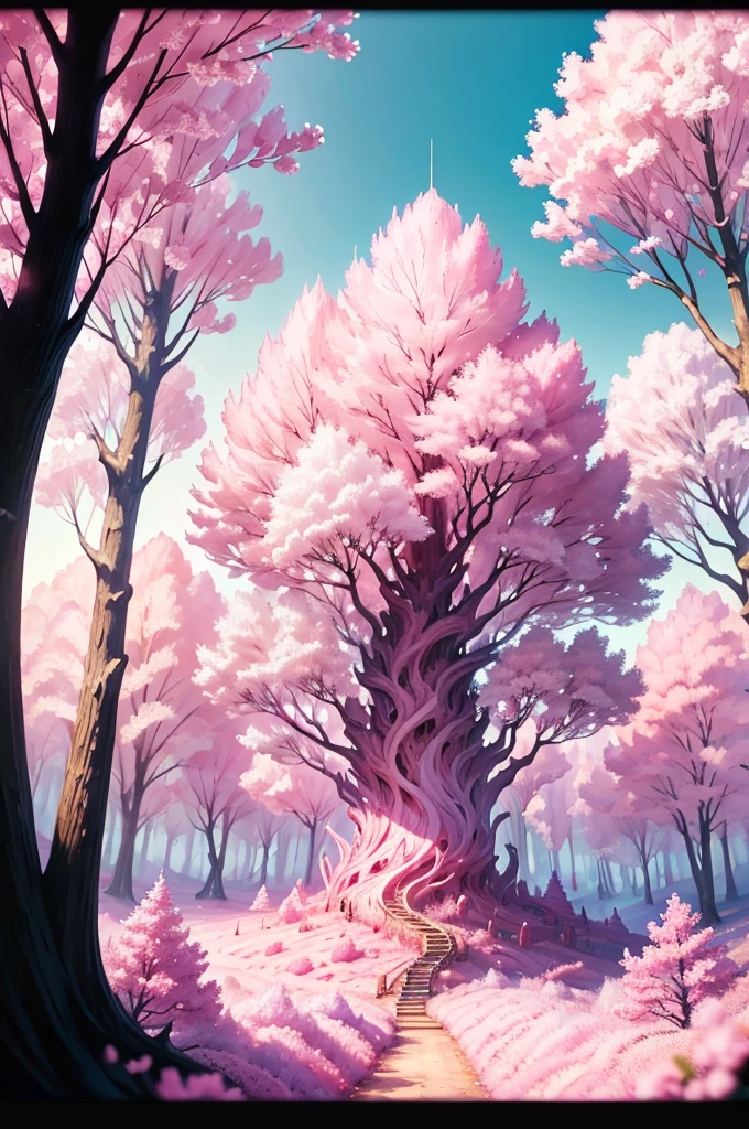 There is a road with lots of pink flowers in bloom., pink forest 속에, pink forest, cherry forest, color of dreams, pink landscape, Magical colors and atmosphere, pink tree, Cotton candy tree, dreamy scenery, Get lost in a dreamy fairytale landscape , beautiful digital painting, A breathtakingly beautiful tree, A breathtakingly beautiful tree, Surreal colors