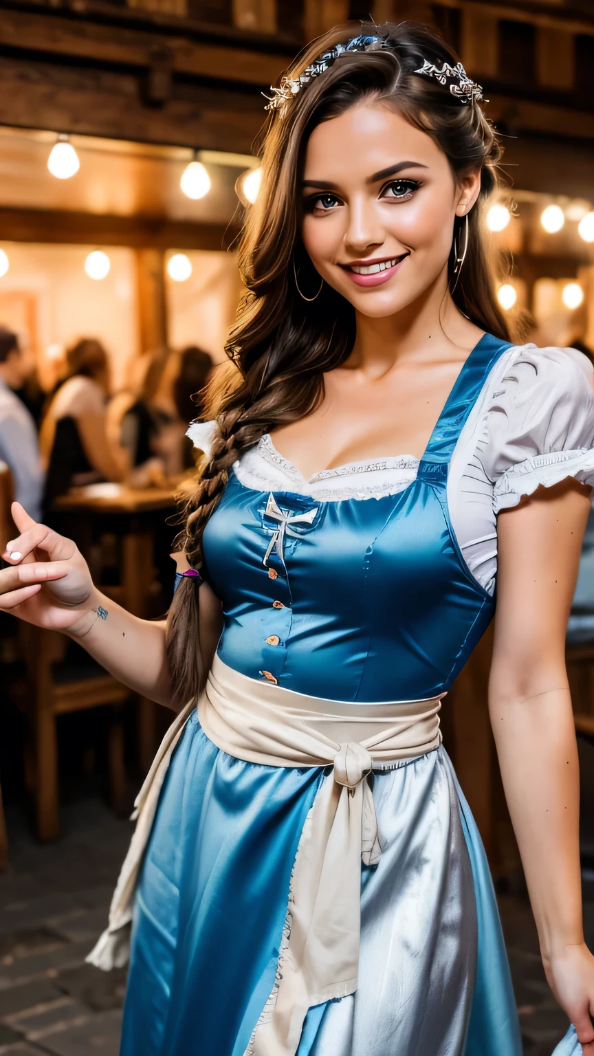 Realistic full body photo of a smiling brunette woman with long hair, Braided hairstyle, She dances in front of the camera in a blue dirndl with a silver satin apron, Fine fabrics, Park,glamour fotoshooting, Wedding celebration, perfect anatomy, perfect brown eyes. Perfect hands with 5 fingers on each hand, Matching girl, look into the camera, 1 Frau. (Eye make up:1.1), (highly detailed skin:1.1), spirit, analog style, keen focus, 8K  UHD, dslr, good quality, Fujifilm XT3, Grain, Award-winning, ​masterpiece. oktoberfest