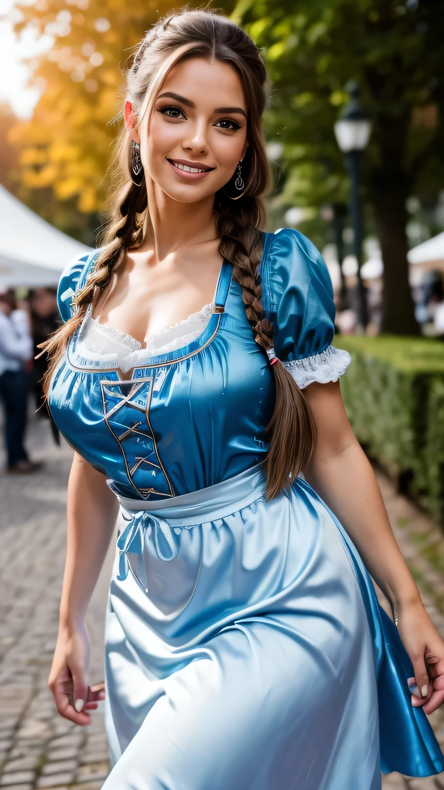 Full body shot standing leaning on one leg, fine detail, long thin braids, highly detailed face and eyes, big breasts, flowers in her hair, dirndl, a woman in traditional bavarian dress Standing poses for a picture, curvy woman, full body, wearing a dirndl, snowy mountains in background.