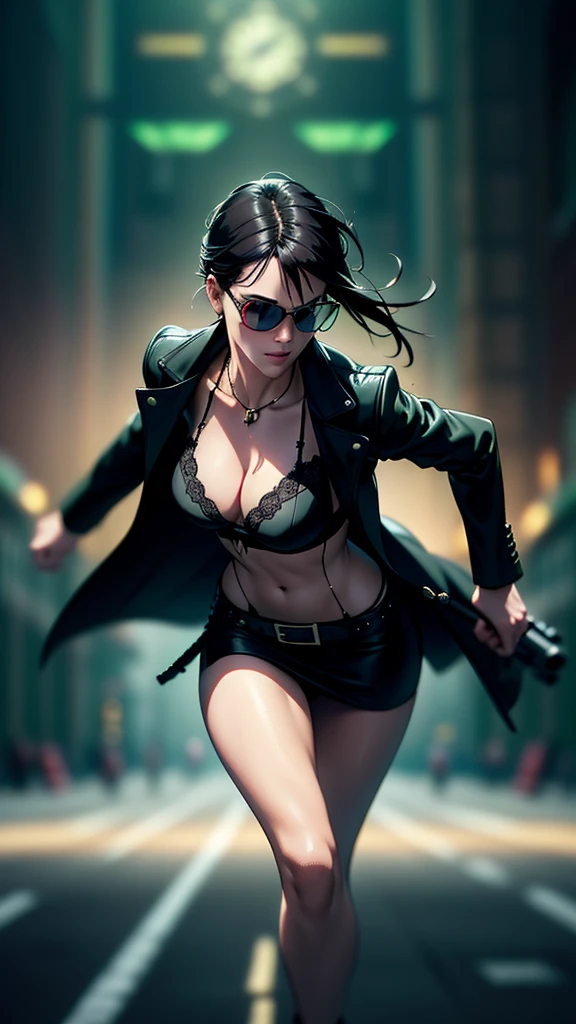 cyberpunk-style city with a nocturnal vibe with Matrix-like aesthetic references, glowing huge clock tower as time machine, green glowing cascading code. At night, (1girl, solo, alone), photorealistic, medium-breast slim:0.6 body, oval:0.5 face, cleavage:1.1, sexy black laced bra, miniskirt, white laced panty, coat, (black micro sunglasses), (holding a short gun), (slightly leaning forward running pose), ((half-body thigh level medium shot)), cinematic lighting, ray tracing, motion blurred background.