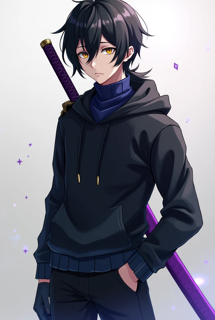 A age anime-style male character with long, short black hair, with hair covering a little on the right side of the eye and with a slightly large ponytail, with big yellow eyes, with thick black sweatshirt with dark blue turtleneck shirt, black pants and black men's boots, with black gloves, and with 1 purple sheathed Katana on the back.