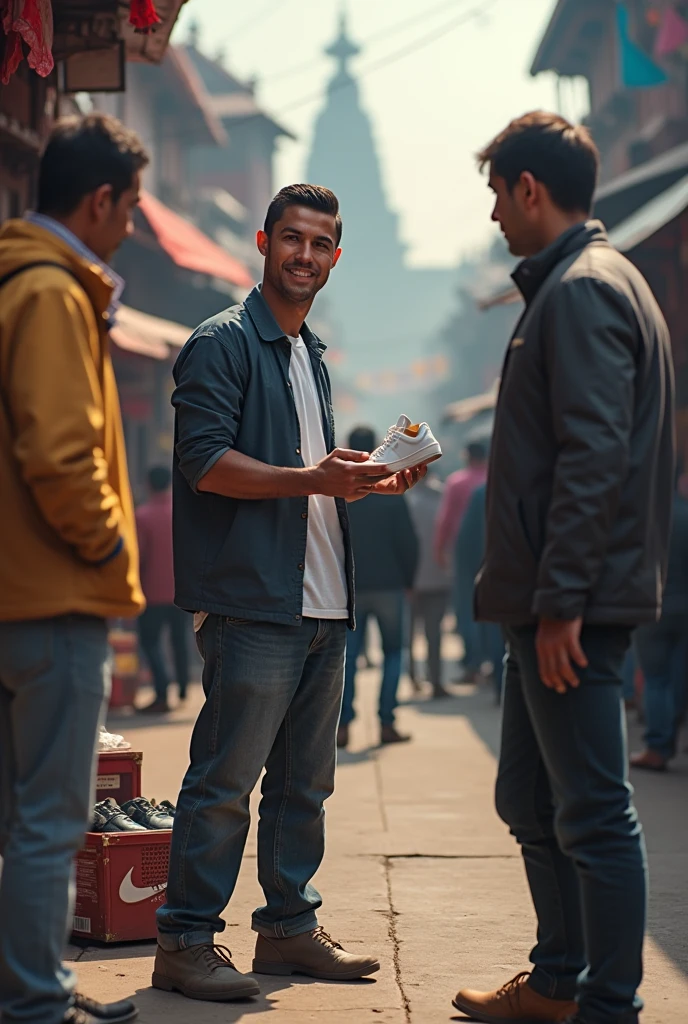 Cristiano Ronaldo selling shoes in the street of Kathmandu nepal.he is dressed normal clothes
