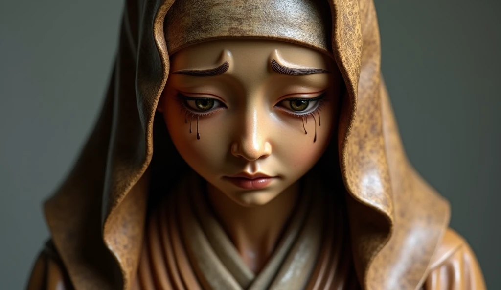 Create a realistic wooden statue of Sister Sasagawa, with a detailed and expressive style. The statue should depict Sister Sasagawa with an expression of deep emotion and sadness, with tears visible in her eyes. The robe and details of the garment should be precisely carved, showing the texture of the marble. The background should be neutral and understated to highlight the statue, with soft lighting that highlights the facial details and tears. The scene should convey a sense of reverence and emotional impact."
