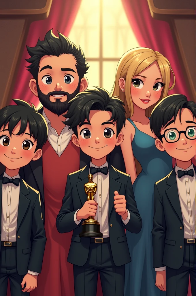 Make a drawing in anime animation where in a film studio there is a family, an 1 boy has fair skin and a young, smiling face.. He has short, wavy black hair that is a little messy on top.. The forehead is medium in size, and the eyebrows are thick and well defined. The eyes are medium in size, dark, and the smile is friendly He has a thin mustache and a full beard on his chin, but the cheek area and the rest of the face are sparsely bearded, which gives a distinctive look. He is wearing a smolking and dress pants and is holding an Oscar that says best actor., a man who appears to be 30 years old and is fat, white with a full beard, use your eyes, half bald with black hair and black eyes also wearing a smolking and dress pants, a thin 30 year old woman, fair skin, straight black hair, ovoid face and black eyes, she is wearing an elegant dress, a very tall, fair-skinned, blond 1 boy, light green eyes and wearing a smolking and dress pants, another  boy with fair skin, slicked black hair, a tiny mustache developing, almost invisible, black eyes and he&#39;s wearing glasses, he&#39;s wearing a smolking and pants. They are all looking forward like a photo and in the studio where they are, they put references to the cinema without changing anything that I asked for.