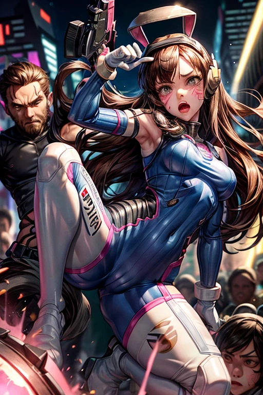 1 girl, (d.va(Overwatch):0.8), alone, long hair, Beard markings, tights, camel toe,nipples, crotch,badly defeated, getting punched on her ovaries by robot's hand,a robot punching her ovary with machine hand,brown hair, facial mark, mitt,open mouth,embarrassed and chest, brown eyes, pilot suit, cowboy shot,painfully falls down after ovary punched,earphone, white gloves, breast, sweeping forehead, skin is tight, Animal Print, forehead, Rabbit print, Golji One Piece Stockings, face painting, pink lips,l, holding a gun, serious expression, Suspicious, consideration, investigation, middle of the fight, battle background, DEFEATED