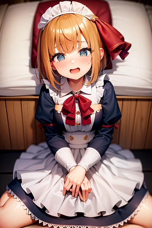 Highest quality、Large breasts、Maid clothes、Maid clothesから胸だけ出ている、Underwear is visible、blush、Sweat on the cheeks、Looking up at the viewer、On all fours、On the bed、Embarrassed face、Mouth slightly open、The skirt is short、Chest pressed together