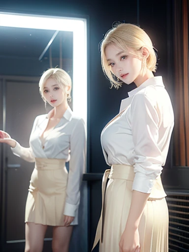 The expensiveest quality, masterpiece, formal, Horror movie-like writing、(Key Light：Front 45 degree angle, Subsidy Light、Backlight、Shadow、Blue and orange color palette), Accurate human body、Knowledgeable person、Correct five-finger、

(Dripping sweat、Oilskin,Sparkling skin、Realistic skin texture、Beautiful skin in every detail、Glowing Skin、Glowing Skin)

 (Mature women standing in a row、Sticking out towards the viewer:1.4),  (Detailed pupil, Perfect Eyes:1.2), (Reflect light、Shiny clothes that show wrinkles:1.2), Sparkling, Sparkling gold, (Hoop Earrings), necklace, latex, Attractive perfect female proportions, Captivating smile,  Fine surface texture,   expensive school girl、Captivating woman、short hair、Platinum Blonde Hair、expensive 、White shirt and black pleated skirt、(She was wearing a cream yellow cardigan.)、(((Big Breasts))), Big cleavage、Back alley at night、Roads without lights、Dark and dirty narrow alley、gallons of 1、White collared shirt、One Woman