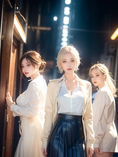 The expensiveest quality, masterpiece, formal, Horror movie-like writing、(Key Light：Front 45 degree angle, Subsidy light、Backlight、Shadow、Blue and orange color palette), Accurate human body、Someone knowledgeable、Correct five-finger、

(Dripping sweat、Oilskin,Sparkling skin、Realistic skin texture、Beautiful skin in every detail、Glowing Skin、Glowing Skin)

 (Mature women standing in a row、Protruding towards the viewer:1.4),  (Detailed pupil, Perfect Eyes:1.2), (Reflects light、Shiny clothes that show wrinkles:1.2), Sparkling, Sparkling gold, (Hoop Earrings), necklace, latex, Attractive perfect female proportions, Captivating smile,  Fine surface texture,   expensive school girl、Captivating woman、short hair、Platinum Blonde Hair、expensive 、White shirt and black pleated skirt、(She wore a cream yellow cardigan)、(((Big Breasts))), Big cleavage、Back alley at night、Roads without lights、Dark and dirty narrow alley、gallons of 1、White collared shirt