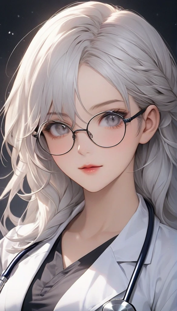high resolution, Masterpiece, Anatomically correct, precise,(Top resolution、Distinct_image)top-quality、A woman、masterpiece、highly detailed, half body, Semi-realistic、grey eyes 、26year old, white hair,young 、Exquisite facial features、Facial features ,variation potrait, long hairstyles, teenage, cool , cold sharp eyes , {Very detailed 8k CG unit wallpaper}, Elagent, gorgeous
Mommy type , plump body curves, big breasts, perfect body (doctor_, lab coat, stethoscope, doctor), sexy, clinic, glasses