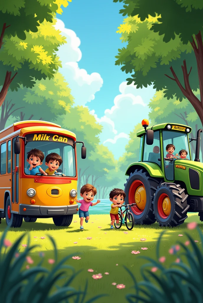  bus, automobile, tractor, bike, with smiling children, next to each other in the park.