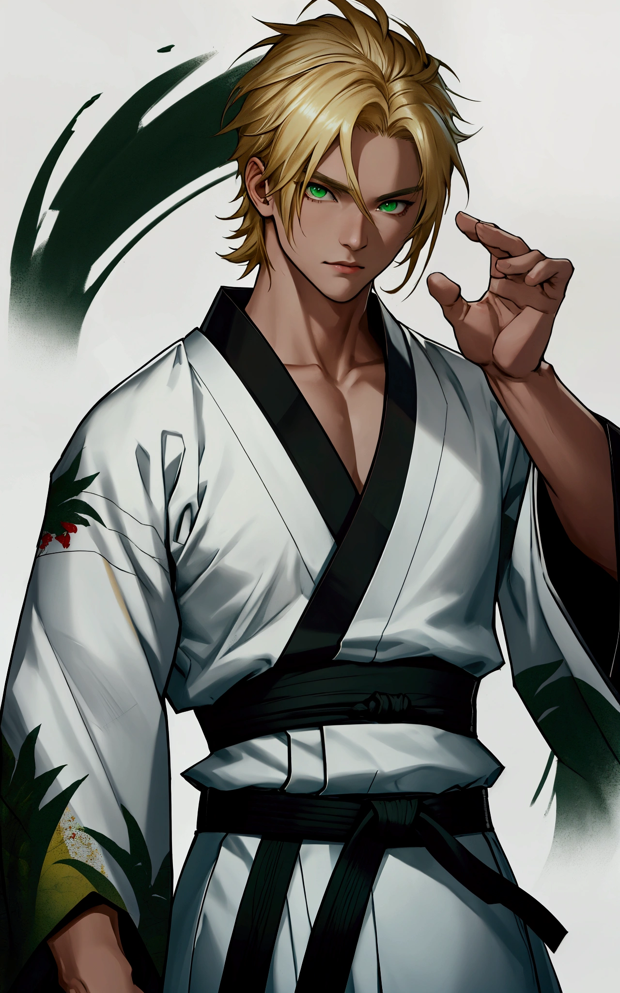 Create a 3 character, Black belt in taekwondo with special kimono by Kyosanim, aesthetically strong and defined, blonde hair and green eyes. short and straight hair.
