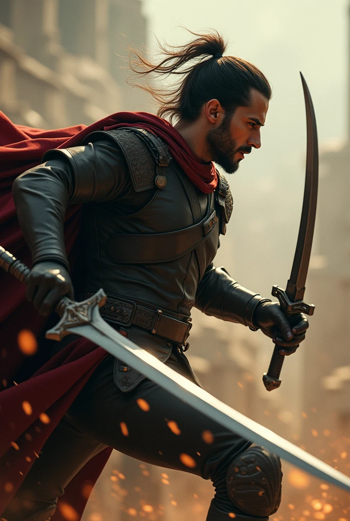 "As Daniel explains the name 'Valor,' a flashback scene materialises, showing Valor in battle. He is dressed in sleek, practical clothing, engaged in dynamic combat. The image is focused on his actions and body, with his face not yet visible. This momentary glimpse into Valor's prowess contrasts sharply with the present conversation, emphasizing the significance of his legacy."