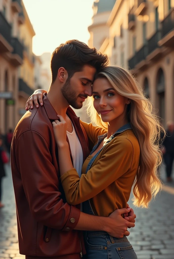 A couple he brown hair and eyes she blonde long hair green eyes hugging in Madrid 8k ultrarealistic photorealistic