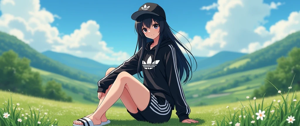 sexy anime girl, long black hair, wear black adidas striped slippers white and black, black eyes, barefoot, wear black adidas cap, wear black adidas hood, wear black adidas hot pants, background is countryside