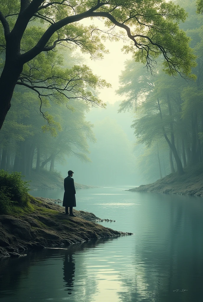 Generate an image for a book cover and add the title: on the riverbank. Make it romantic, very serious, professional and realistic.