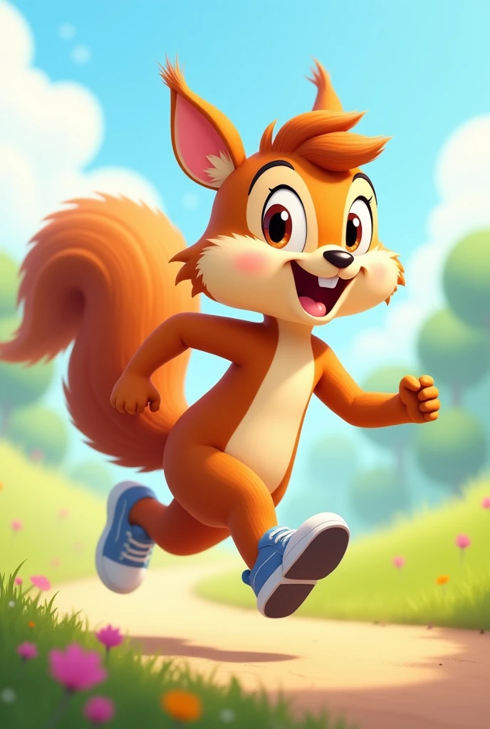 A cute 2D cartoon squirrel athlete running