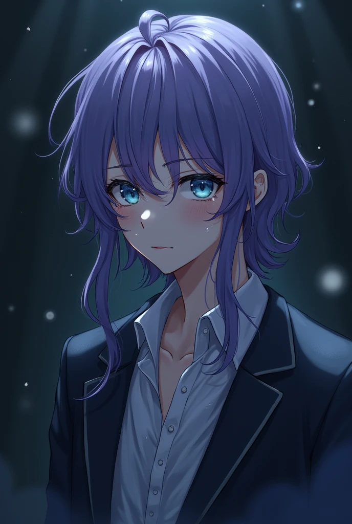 , like , long wavy violet hair, blue eyes, He wears elegant but modest clothes, is wet in an enclosed space, He's crying. anime style.