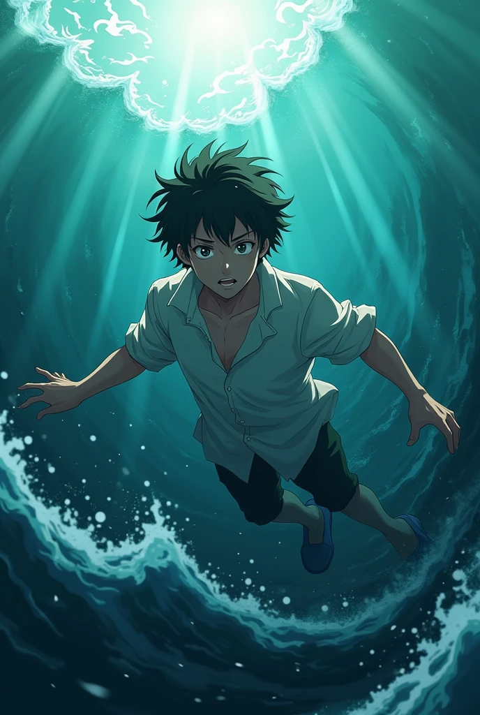 Anime guy portrait drowning in ocean 