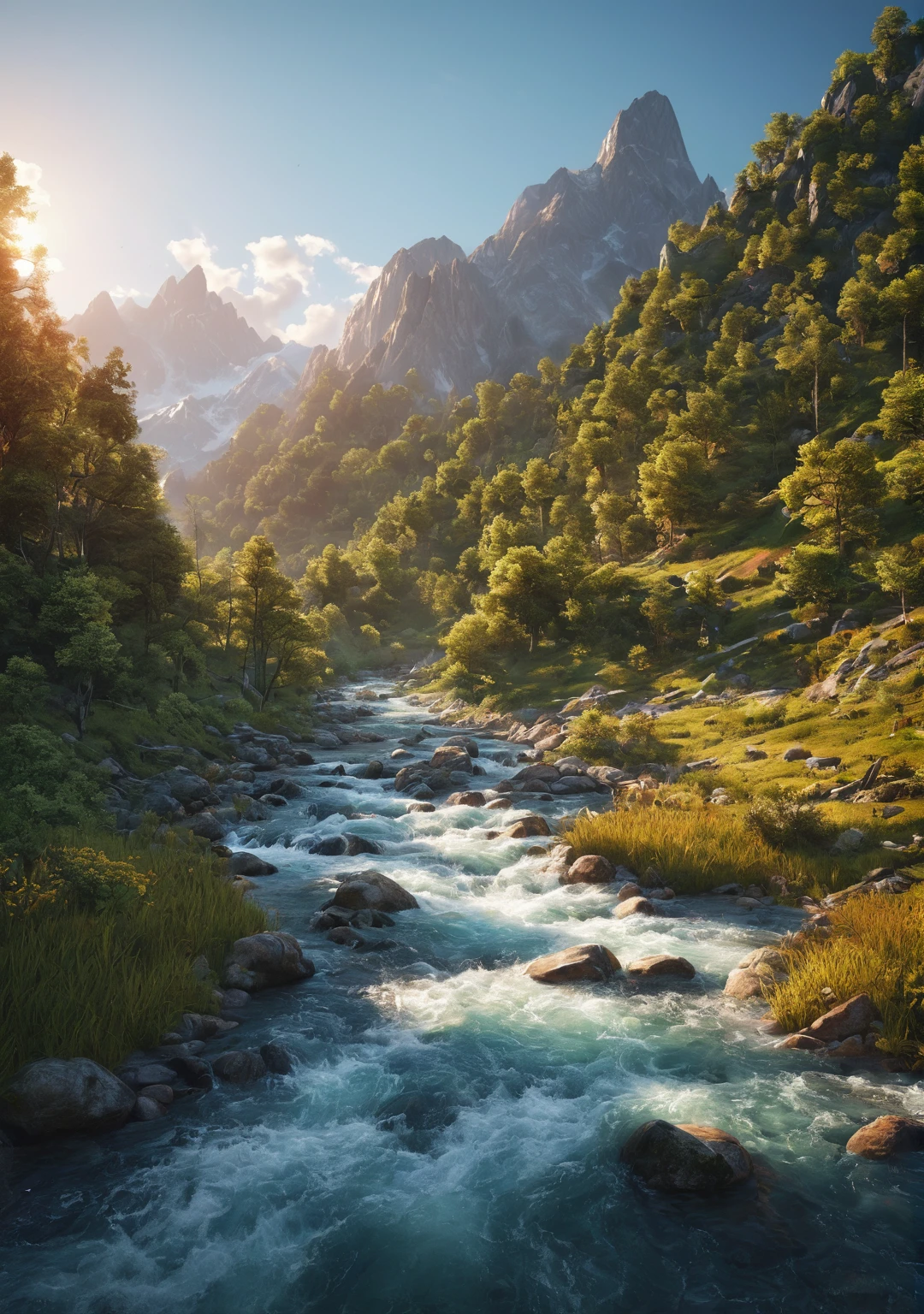 (Highest quality,8k,High resolution:1.2),(Hyperrealism:1.1),Swirling vibrant colors,Sharp focus,Very detailed,(2k1:1.1) Style Landscape Scene,Ultra-detailed rendering,stunningly realistic,rich, Dynamic colors,epic beauty,Meticulous composition of elements,rich vegetation,Breathtaking Mountain Ranges,Incredibly realistic textures,A crystal clear river flows through the scene,The sunshine pours down on the sky、Casting a warm golden light、,Impressive level of exquisite detail,A perfectly captured reflection,Perfectly executed lighting and shadows,Immersive depth and depth,Incredible levels of realism create a captivating visual experience.