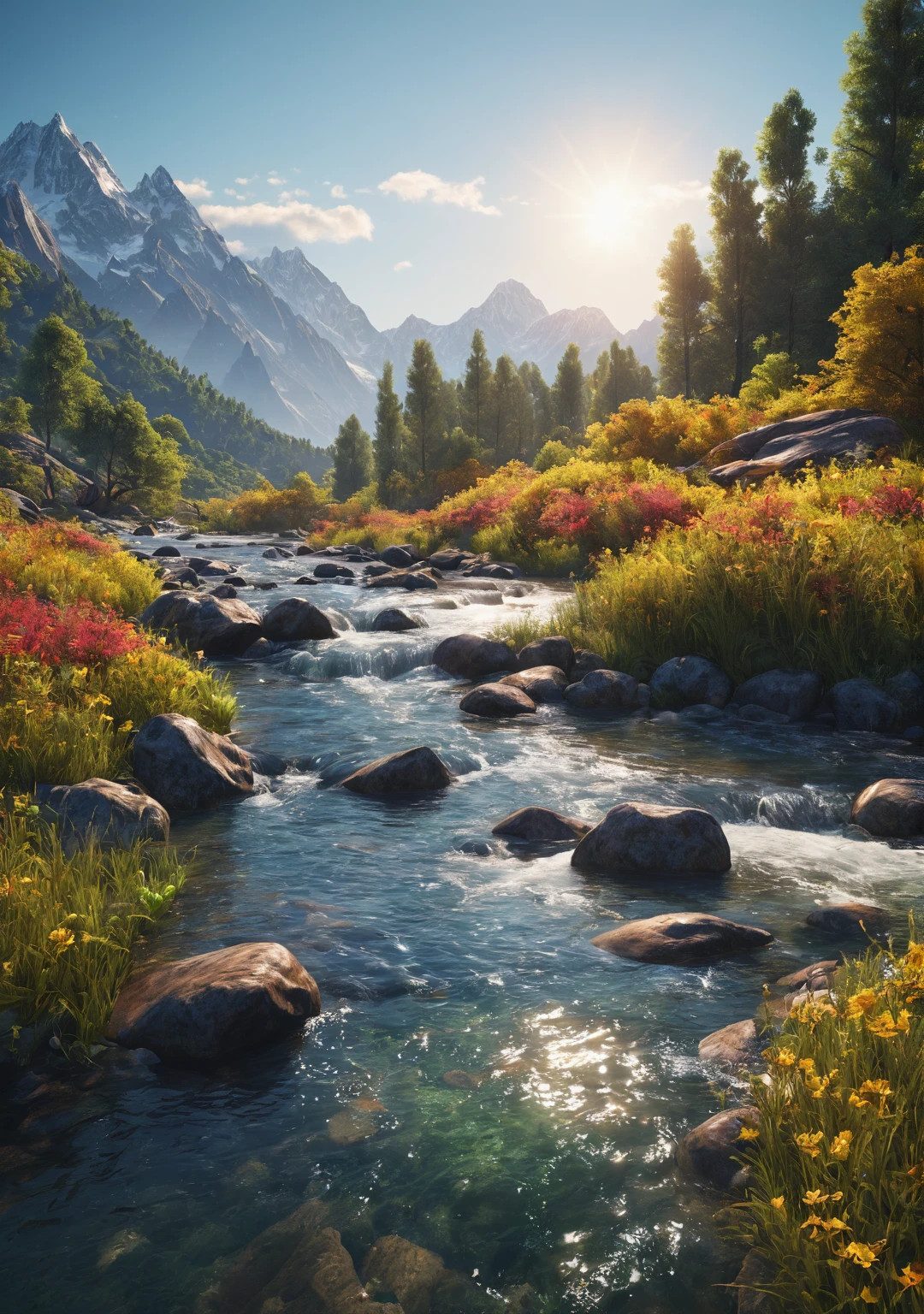 (Highest quality,8k,High resolution:1.2),(Hyperrealism:1.1),Swirling vibrant colors,Sharp focus,Very detailed,(2k1:1.1) Style Landscape Scene,Ultra-detailed rendering,stunningly realistic,rich, Dynamic colors,epic beauty,Meticulous composition of elements,rich vegetation,Breathtaking Mountain Ranges,Incredibly realistic textures,A crystal clear river flows through the scene,The sunshine pours down on the sky、Casting a warm golden light、,Impressive level of exquisite detail,A perfectly captured reflection,Perfectly executed lighting and shadows,Immersive depth and depth,Incredible levels of realism create a captivating visual experience.