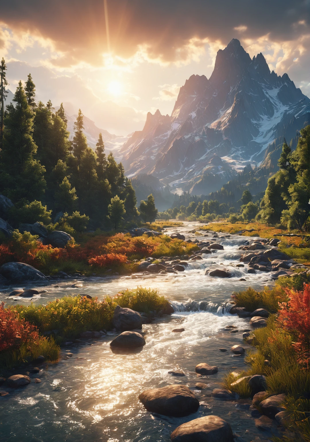 (Highest quality,8k,High resolution:1.2),(Hyperrealism:1.1),Swirling vibrant colors,Sharp focus,Very detailed,(2k1:1.1) Style Landscape Scene,Ultra-detailed rendering,stunningly realistic,rich, Dynamic colors,epic beauty,Meticulous composition of elements,rich vegetation,Breathtaking Mountain Ranges,Incredibly realistic textures,A crystal clear river flows through the scene,The sunshine pours down on the sky、Casting a warm golden light、,Impressive level of exquisite detail,A perfectly captured reflection,Perfectly executed lighting and shadows,Immersive depth and depth,Incredible levels of realism create a captivating visual experience.