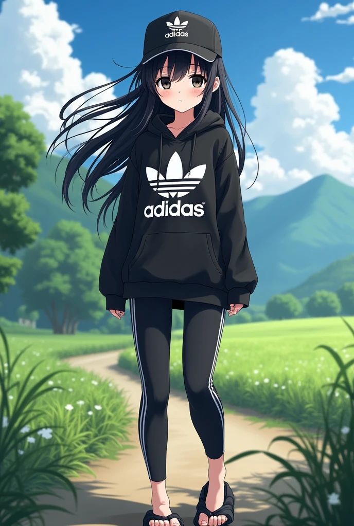 beautiful anime girl, black hair, wear black adidas slippers, black eyes, barefoot, wear black adidas cap, wear black adidas hood, wear black adidas leggings, background is countryside