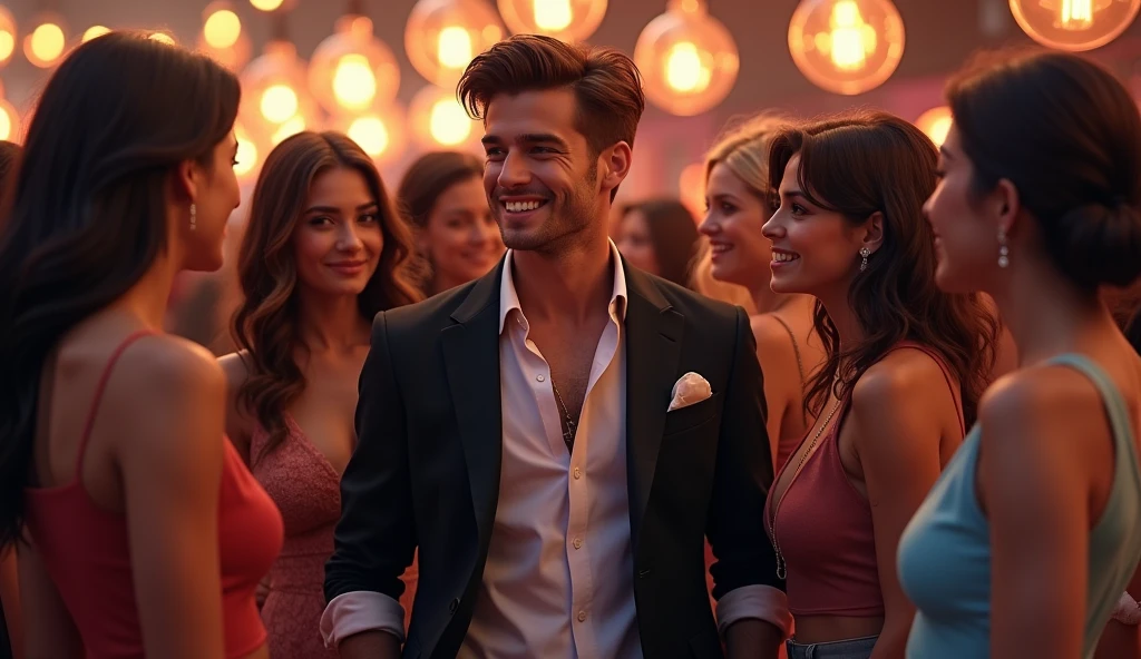 A flirt young man with different kinds of girls surrounding him 