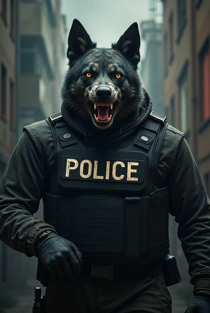 Create a black dogs-faced man. he was wearing a bulletproof vest with the letters police and holding a Riot Shield. He is a member of the North Eastern cartel.