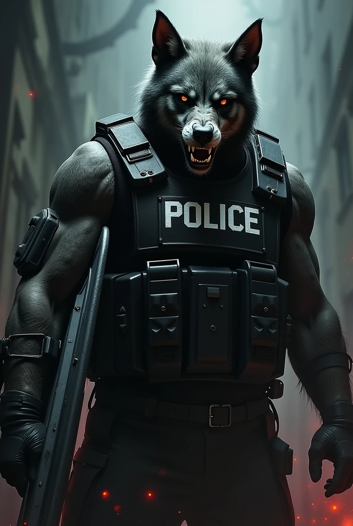 Create a black dogs-faced man. he was wearing a bulletproof vest with the letters police and holding a Riot Shield. He is a member of the North Eastern cartel.